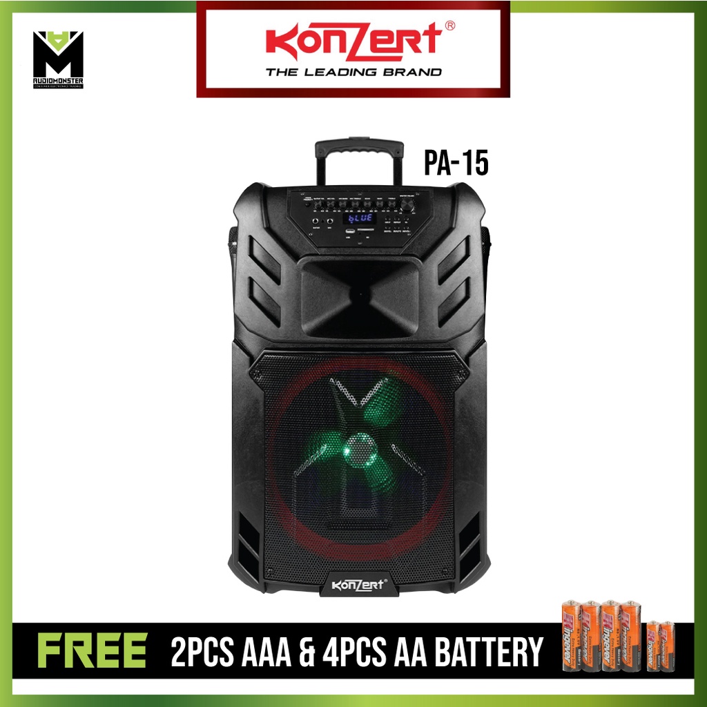 Konzert PA15 15 inch 500W Portable Trolley Speaker with USB/SD, FM Radio, BT & 2 Wireless Mic