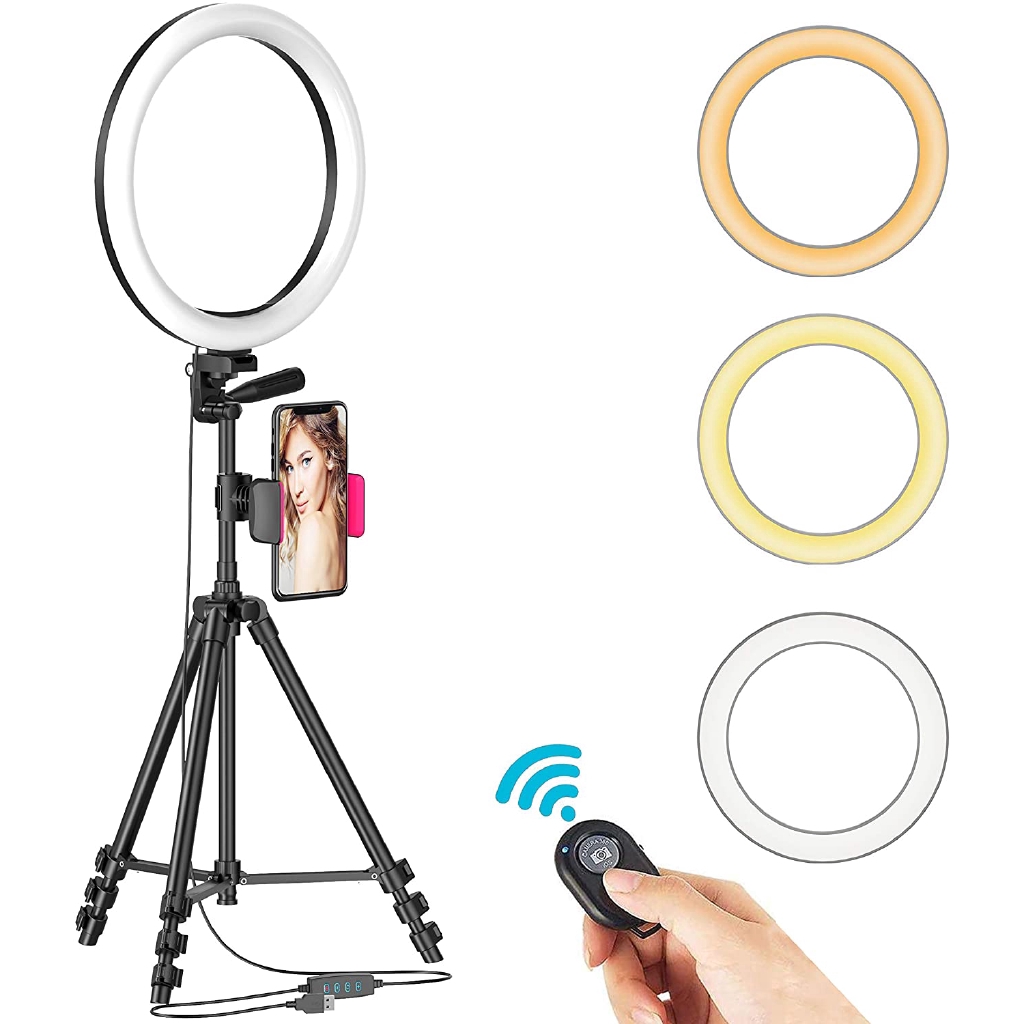 Dimmable LED Selfie Ringlight for Phone and Camera,with Phone Holder and Remote for YouTube Video/Live Stream/Makeup/Photography,Compatible iPhone/Android Fufly 10 Desk Ring Light with Tripod Stand 