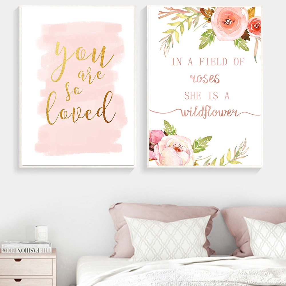 Pink Flower Wall Art Canvas Painting Poster Quotes Wall Pictures Baby Girl  Room Decor Poster Painting