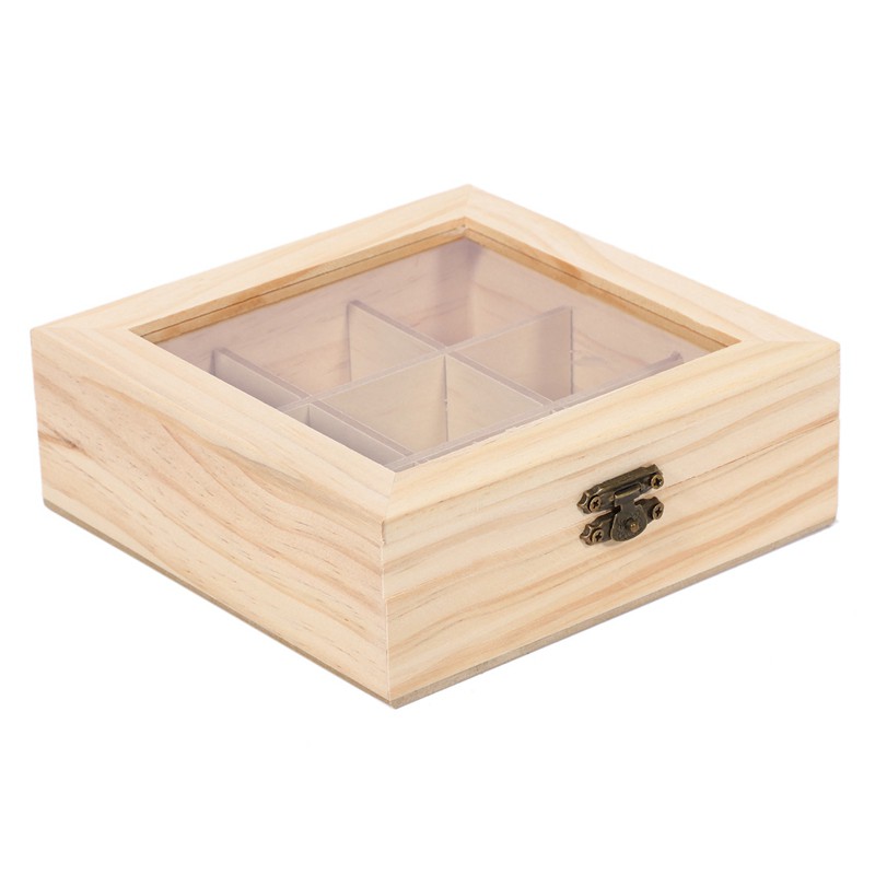 Wooden Tea Bag Jewelry Organizer Chest Storage Box 9 Compartments Tea