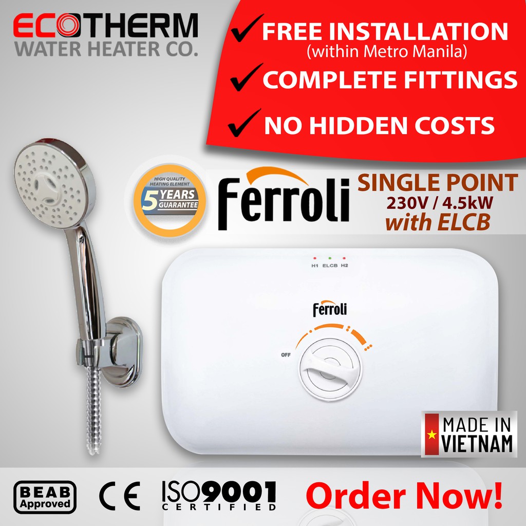 Ferroli Rita Singlepoint Water Heater Shower Heater 4 5kw Ecotherm Shopee Philippines