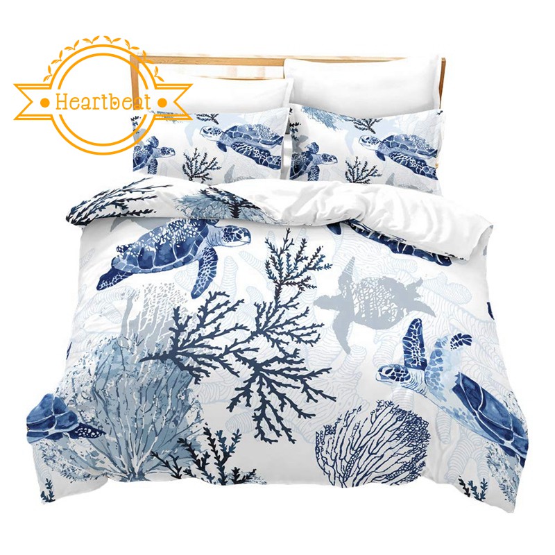 Duvet Cover Set Turtle And Sea Plants Printed Design Blue Ocean