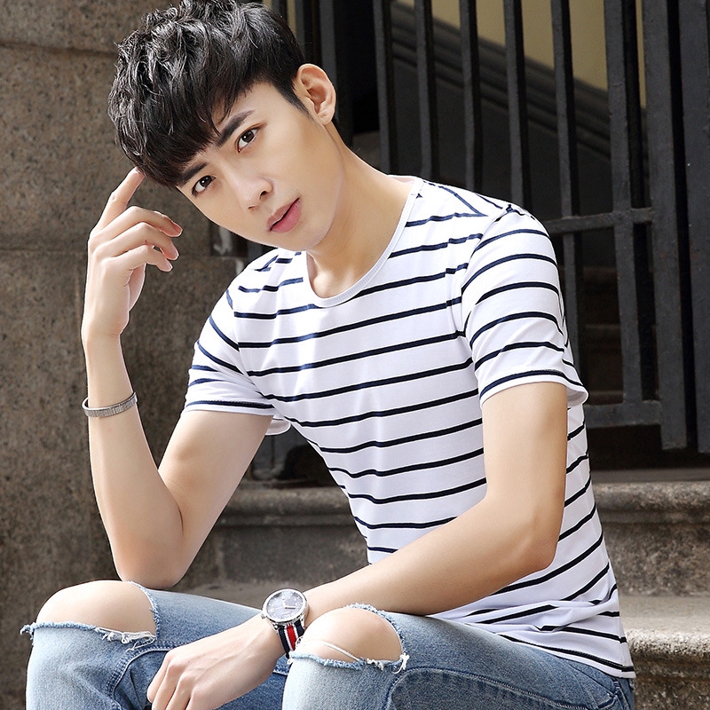 Black White Striped T Shirt Men With Round Collar T Shirt Shopee