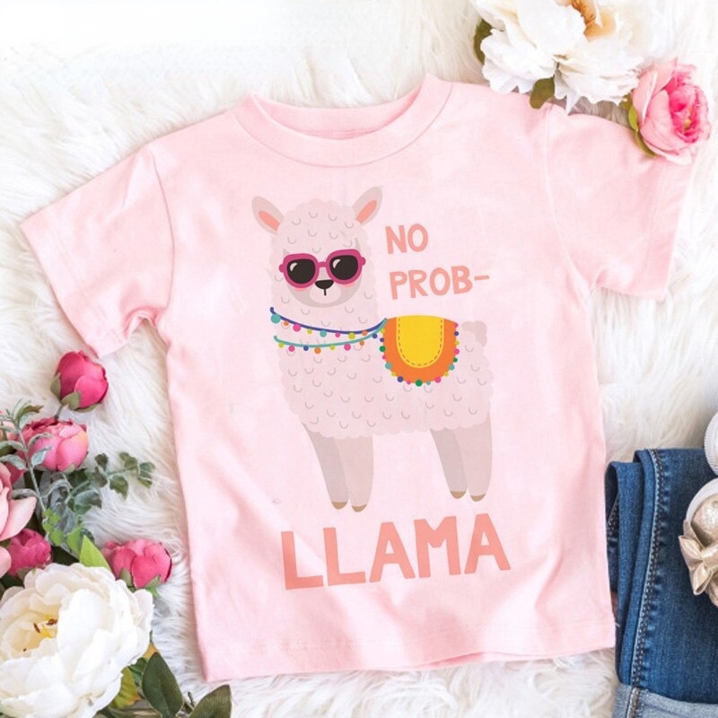 Funny No Prob Llama T Shirt Kids Summer Top Cartoon T-shirt Kawaii Llama Graphic Tees Fashion Anime Lama Cute Children Clothes