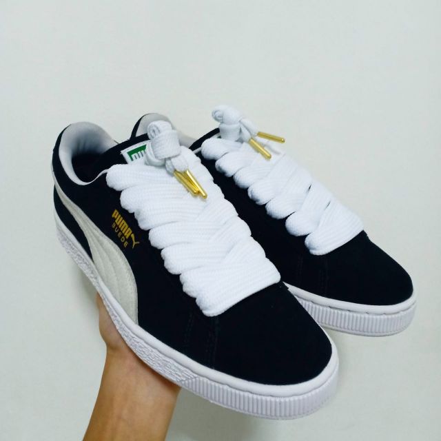 puma suede black with white laces