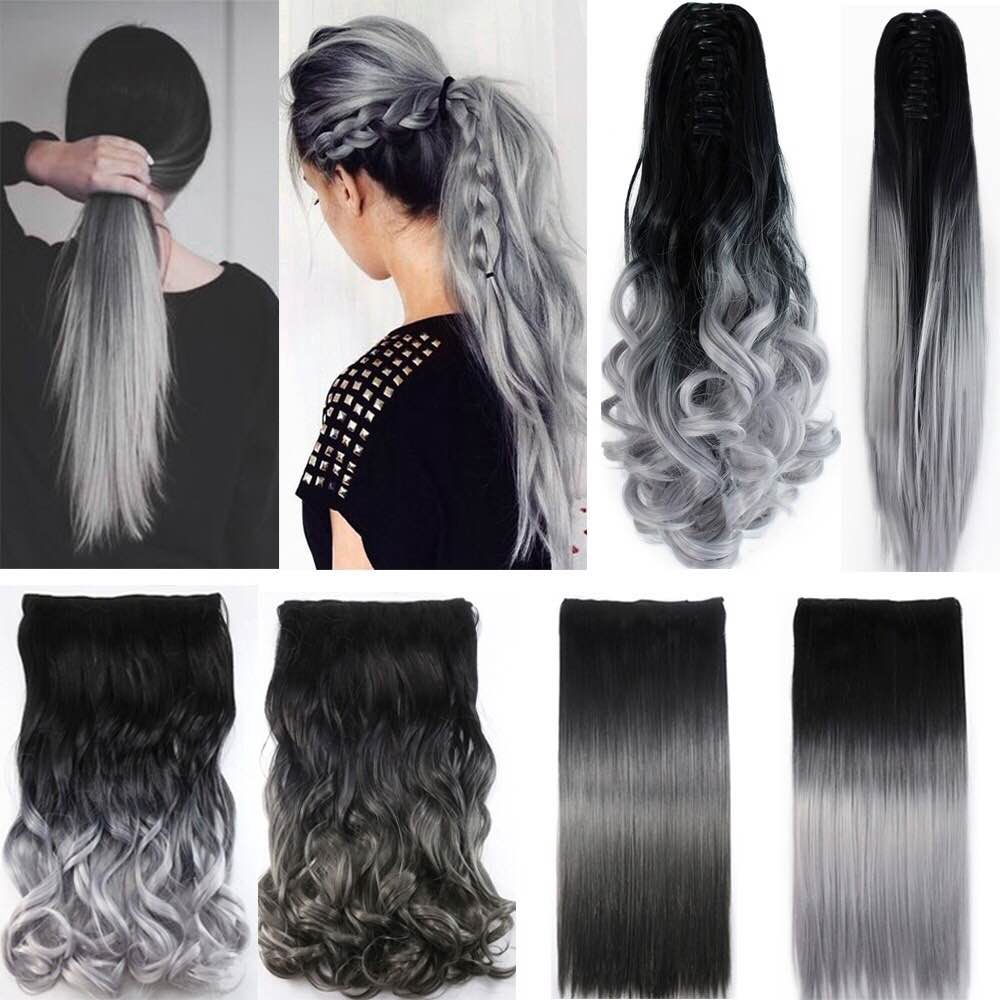 Women Fashion Silver Gray Color Curly Straight Clip on ...