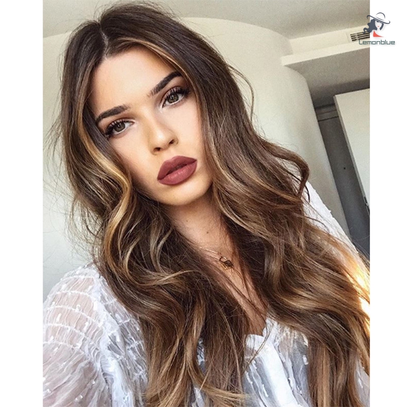 Women Brown Blone Long Curly Wig Synthetic Wavy Hair Heat Re