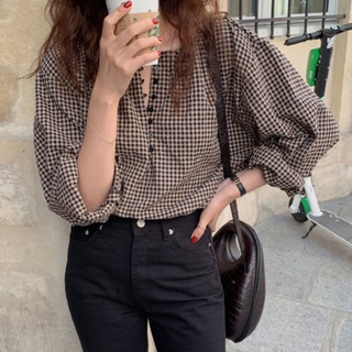 （Selling）Korean Style Loose Plaid Shirt for Women Casual Long Sleeve Round Neck Blouse Tops Girls Cl #10