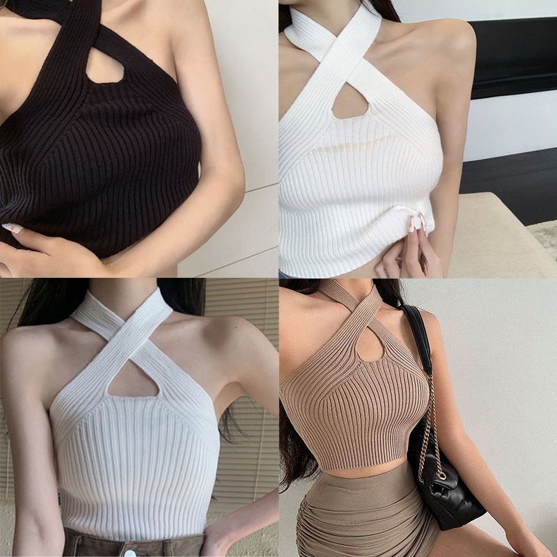 Women Closefitting Simple Style Knitted Vest Solid Color Halter Neck