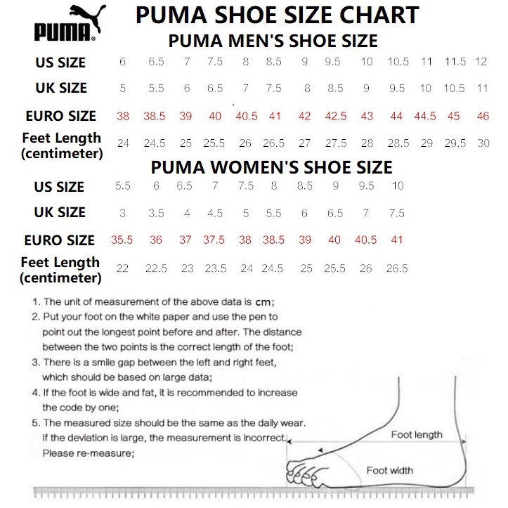 size chart shoes puma