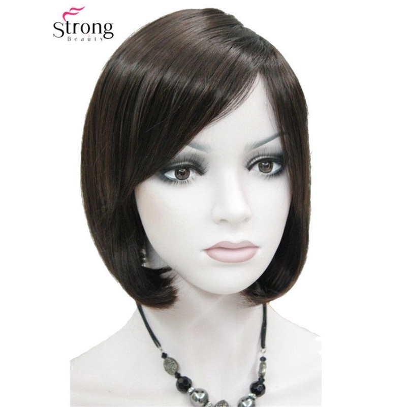 Short Straight Dark Brown Bob Side Swept Bangs Synthetic Wig