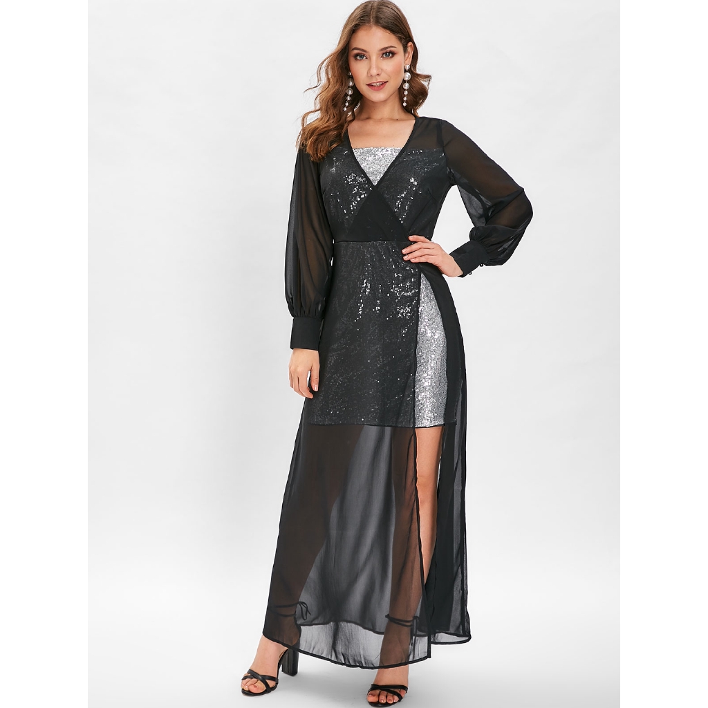 daniela sequin sleeve maxi dress