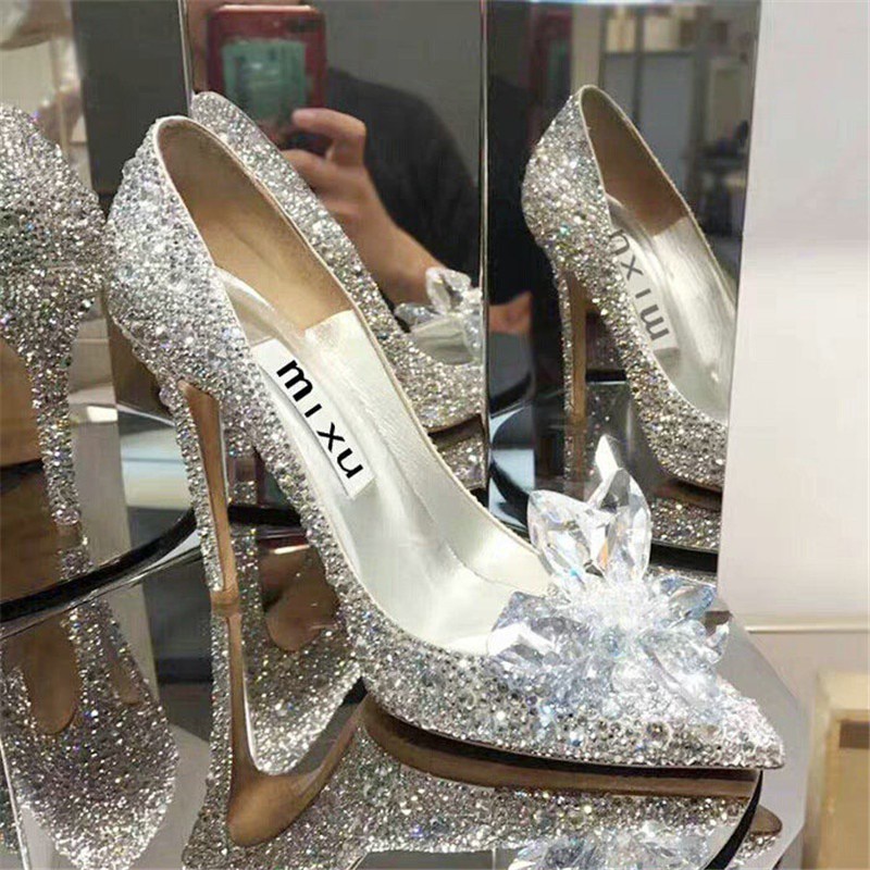 2021 European Wedding Shoes Female White Drill Rhinestone Crystal Stiletto  Pointed Red Bridal Shoes | Shopee Philippines