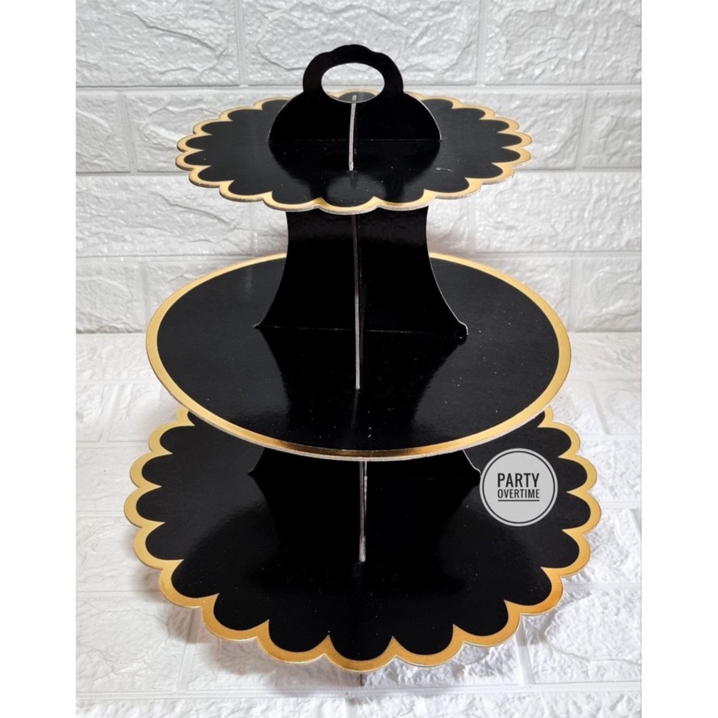 3 Tier Black Cupcake Stand Metallic Gold Edge Birthday Christening Gender Reveal Anniversary