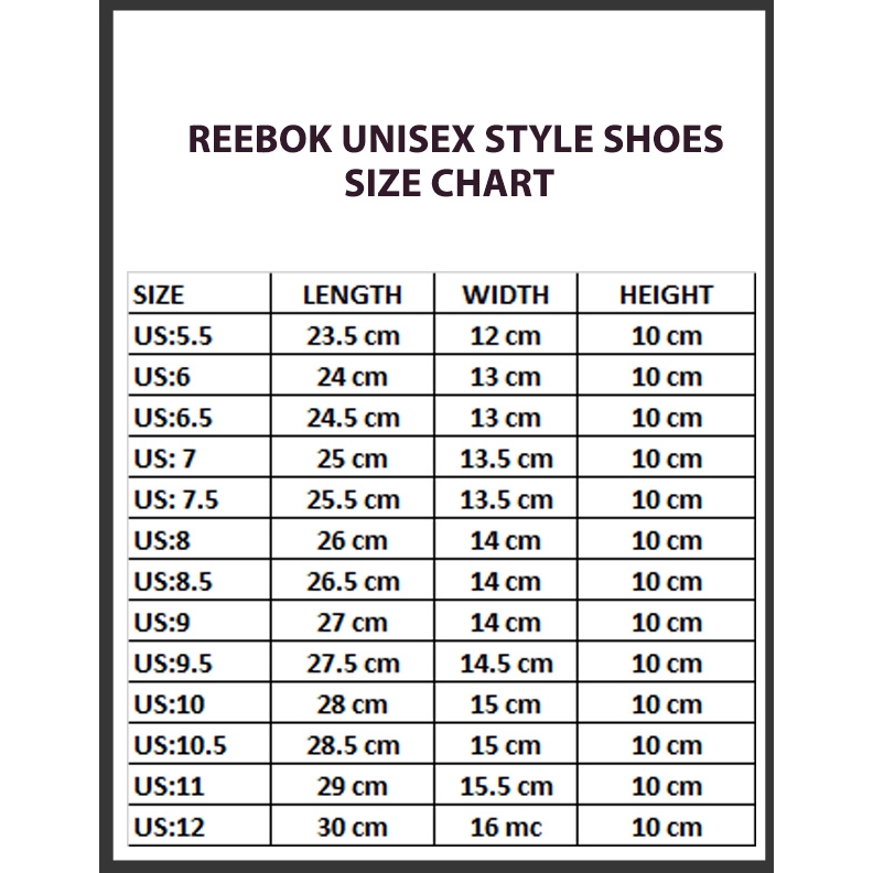 reebok sneaker size chart
