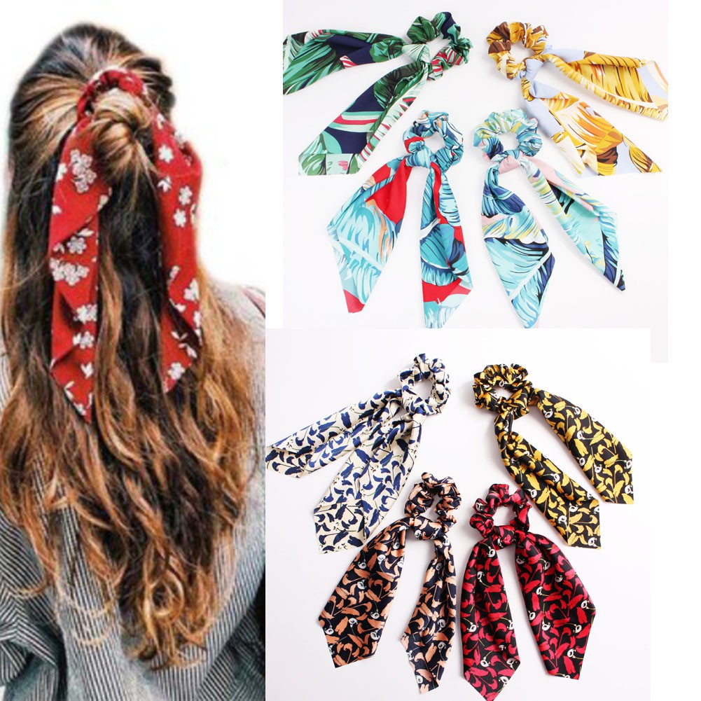 Boho Style Print Ribbon Bow Ponytail Holder Hair Band Scarf Hair Rope Ring Girls