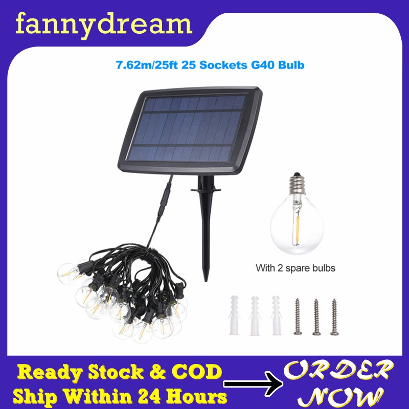 F&D Tomshine Solar Powered G40 LED String Lights 7.62m/25ft 25 Sockets