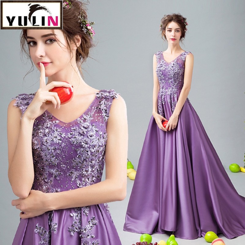 Luxury Long Gowns Purple Lace Embroidery Bride Wedding Dress
