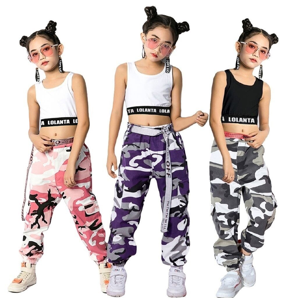 Girls Cargo Pants with Belt Kids Streetwear Trousers Boys Hip Hop Dance Jogger