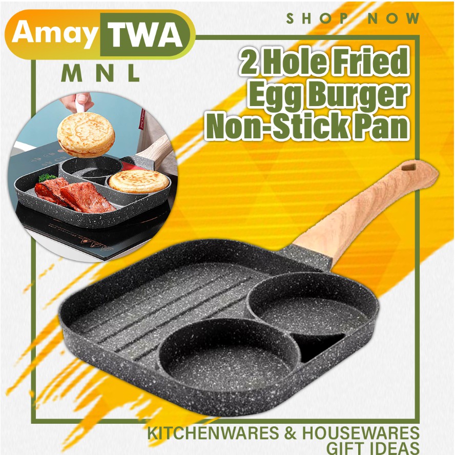 4 Hole Fried Egg Burger Pan Non-stick Ham Pancake Maker Wooden Handle V3G0 