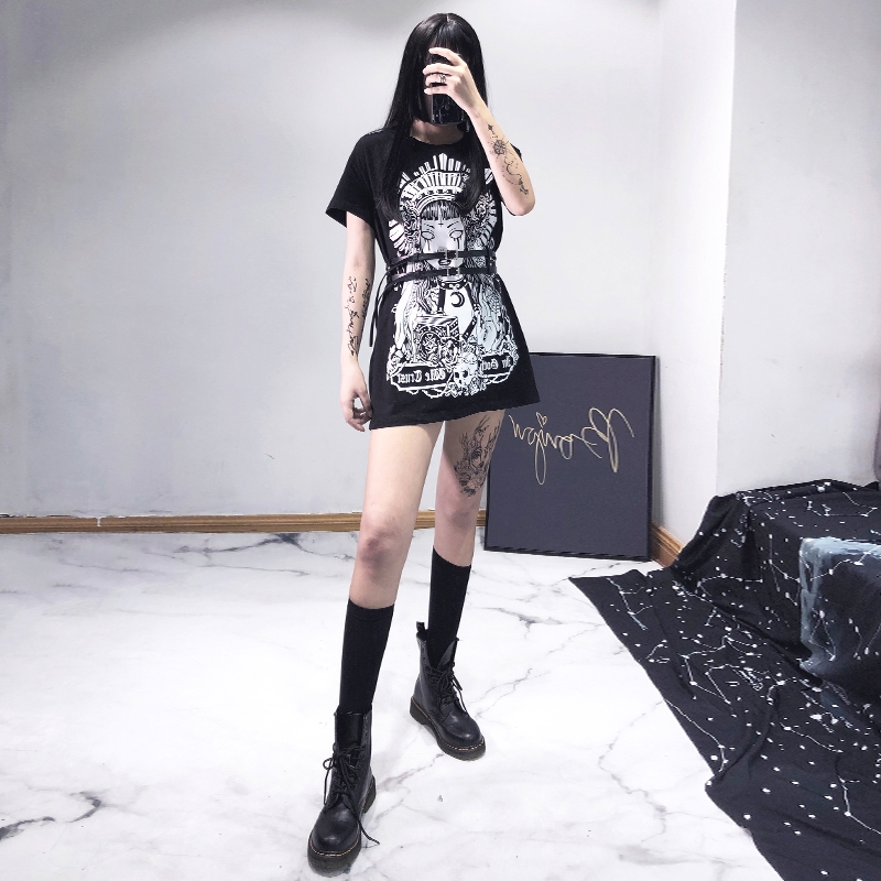 ⅚ゃKorean styleDark women's cool style dress punk style long Tshirt