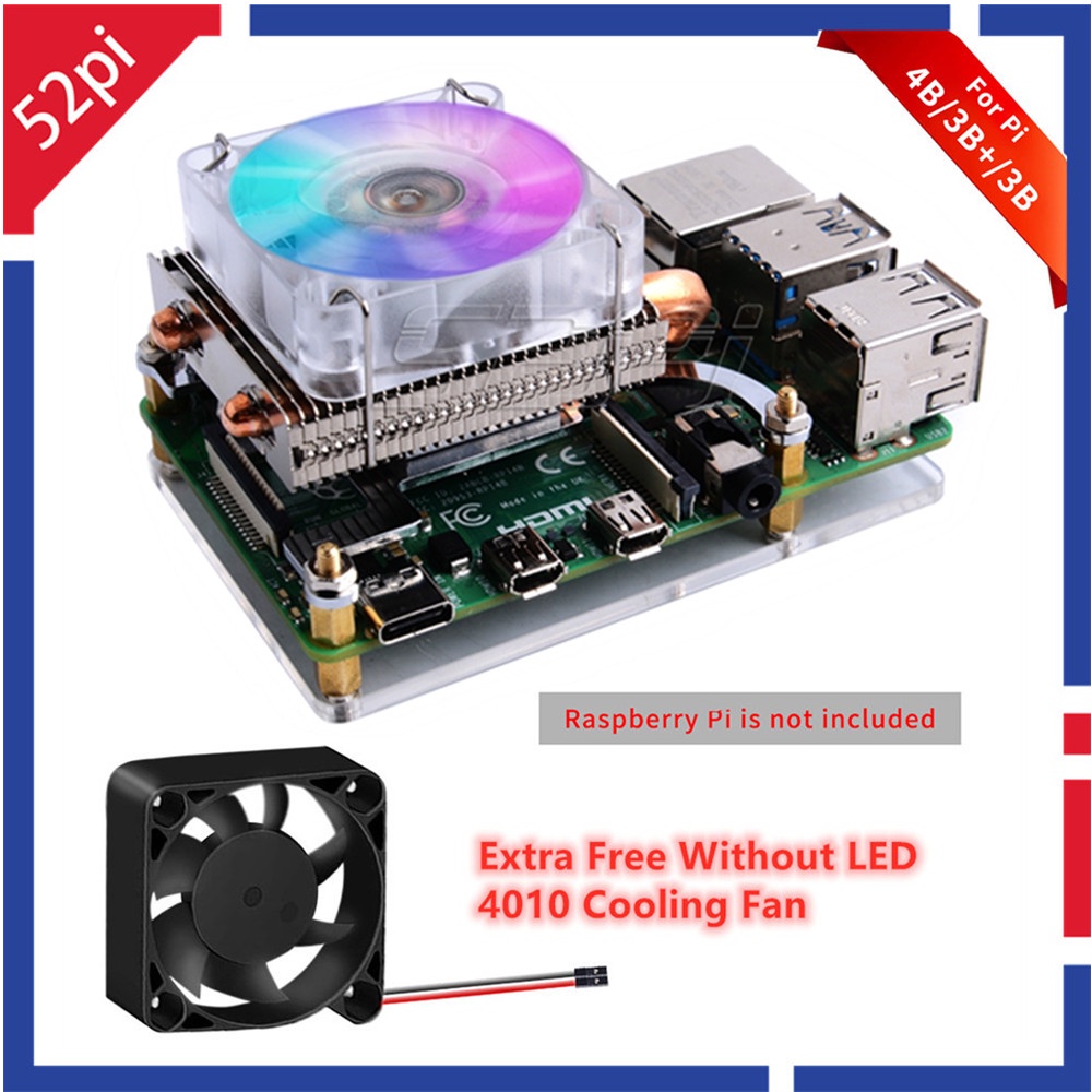 52Pi Low-Profile Ice Tower Cooling Fan Metal Case 7 Colors RGB Changing ...