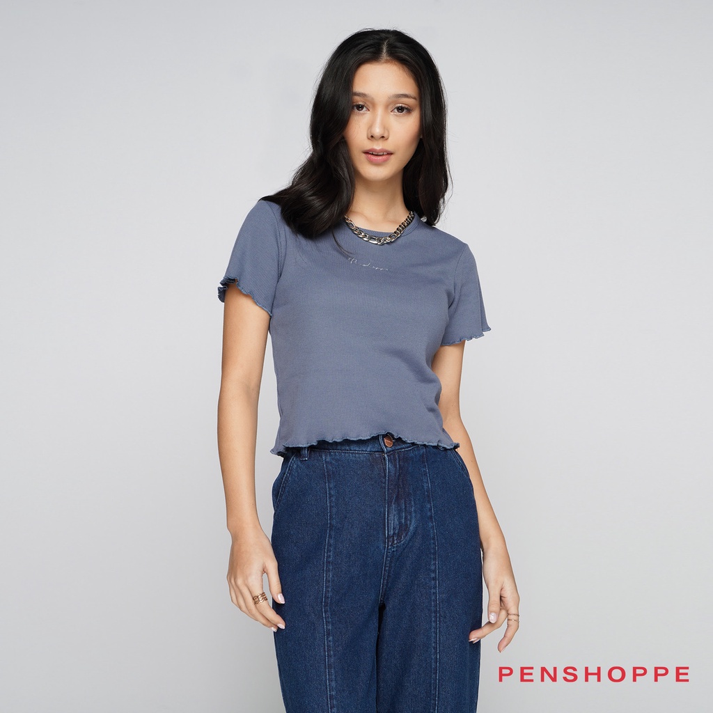 Cropped Lettuce Hem Ribbed TShirt With Branding Embroidery