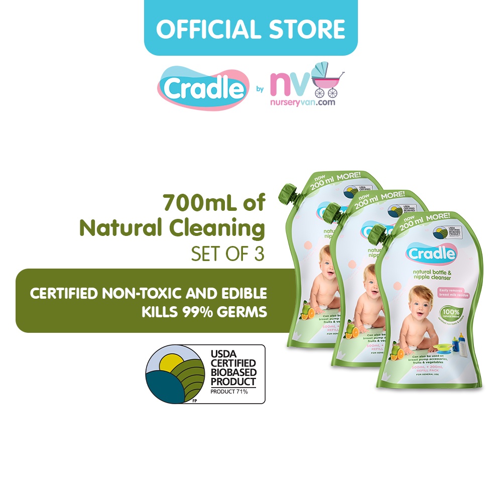 Cradle Natural Baby Bottle Wash & Nipple Cleaner (x3) Nontoxic