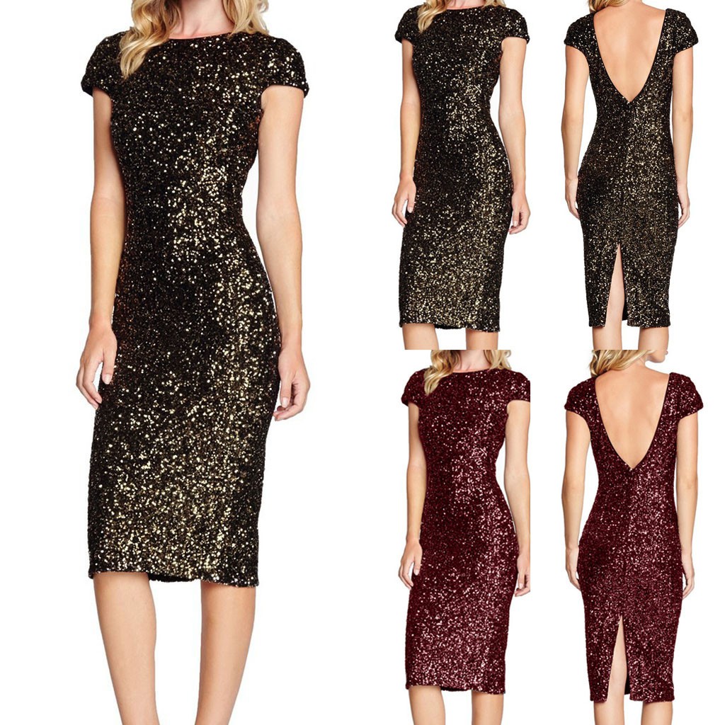 HNWomen's Sparkle Glitzy Glam Sequin Short Sleeve Flapper Party Club Dress