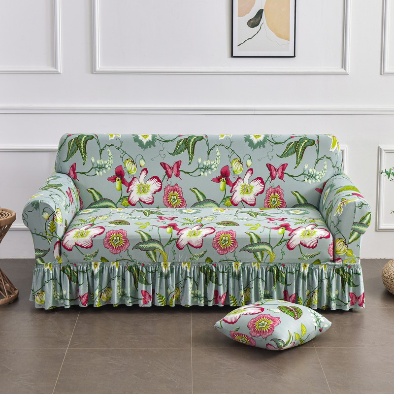 Colorful Stretchable Sofa cover With Skirt Floral Geometric Print