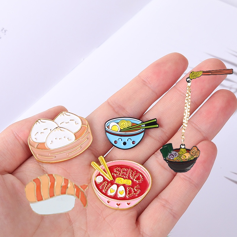 Cartoon Brooch Japanese Ramen Sushi Enamel Badge Cute Bun Ramen Brooch Pin Lapel Badge Jewelry Funny Tableware Food Pin Gift for Kids