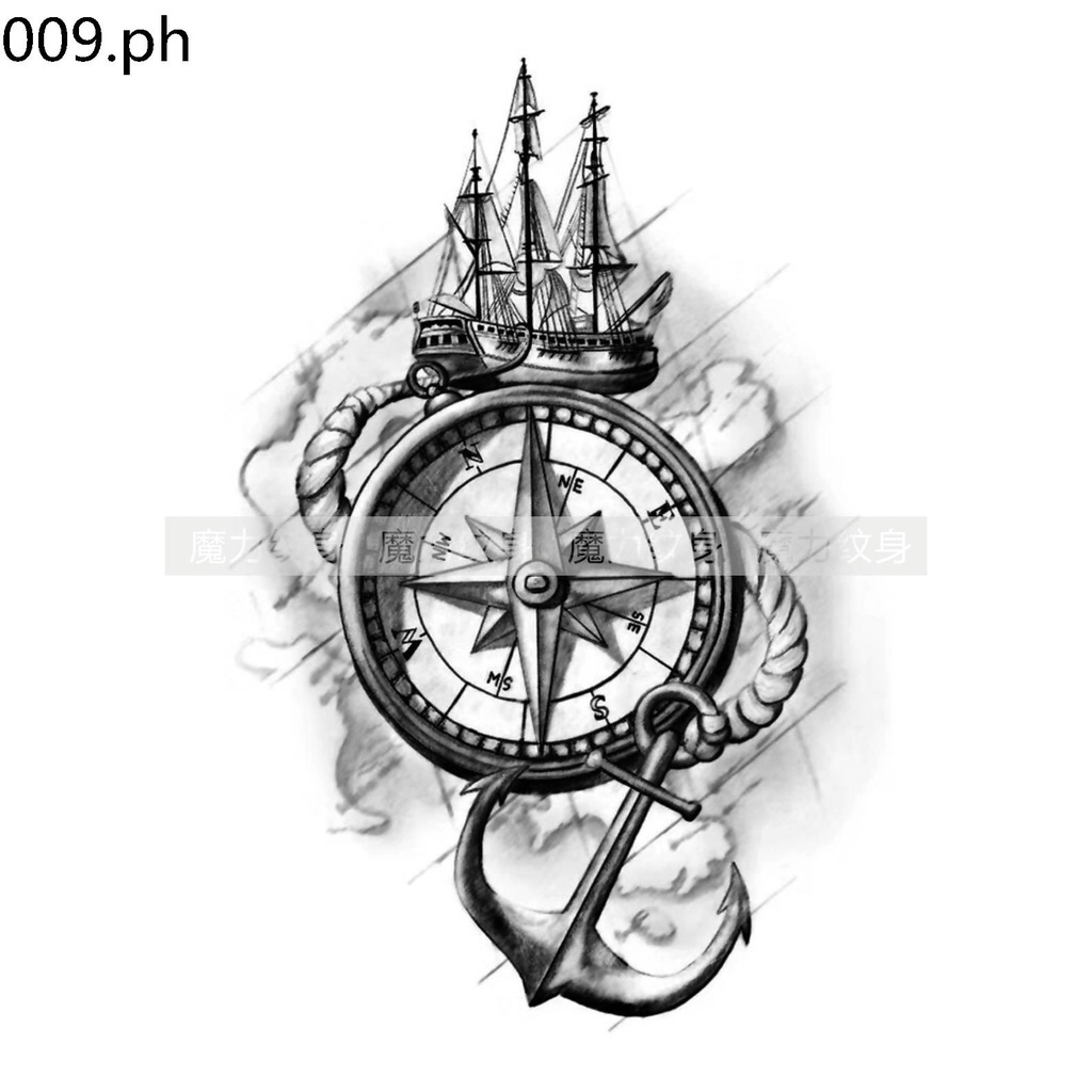 Original Black White Compass Anchor Tattoo Sticker Waterproof Lasting ...