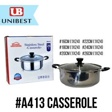 【U-Choice】Stainless Steel Cooking Pot Casserole with Handle and Glass Lid 16/18/20/22/24/26cm