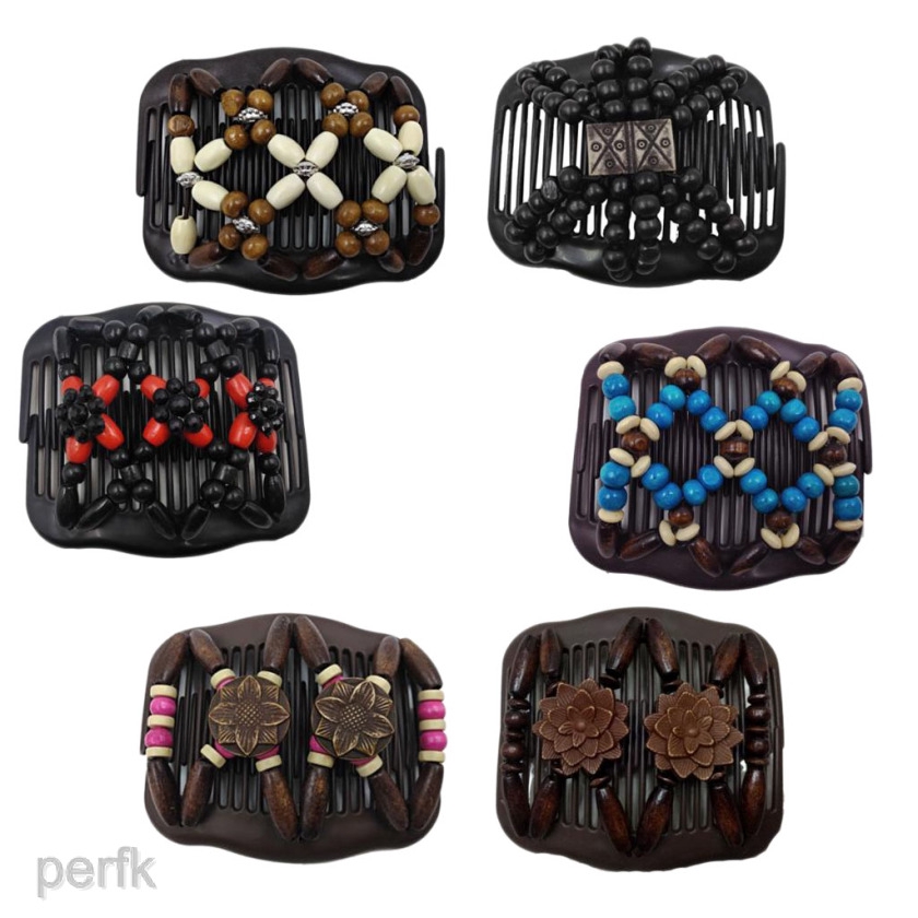 6x Stretchy Beaded Hair Comb Retro Wooden Beads Magic Beads Double Hair Comb