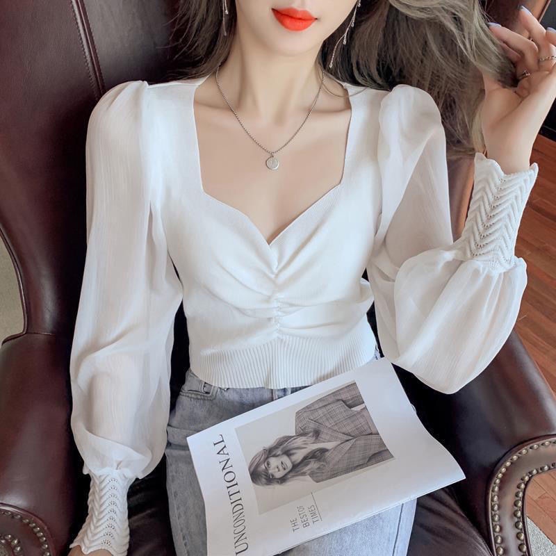 2022 New Style French Mesh Chiffon Slim-Fit White Bottoming Knitwear Design Feel Temperament Top Women’s Clothing