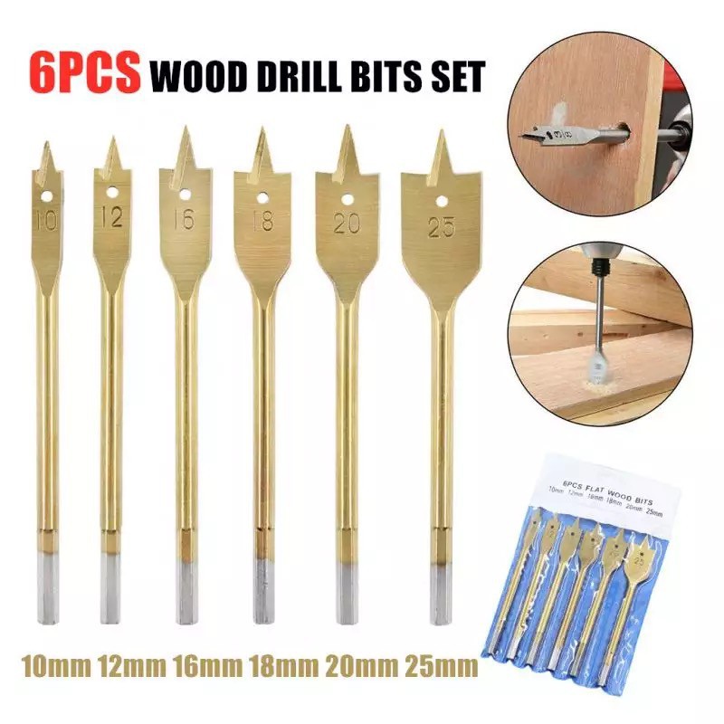 6pcs Flat Spade Drill Bits Set Metal Bit Kit Hex Shank Woodworking Tool ...