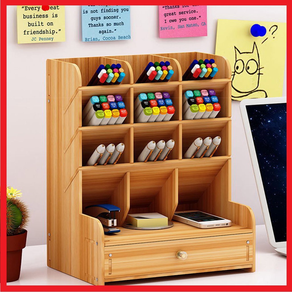 Wooden Desk Organizer MultiFunctional DIY Pen Holder Box Office