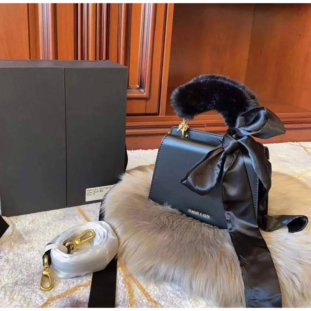  Charles  and Keith  Fur Limited Edition Velvet Bow Detail 