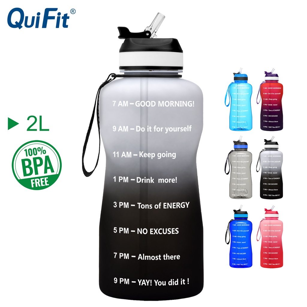 Motivational Time Marker,Wide Mouth BPA Free,Leak-Proof Durable,XL Sport Water Jug for Fitness Outdoor Enthusiasts QuiFit 2 Litre Water Bottle with Straw