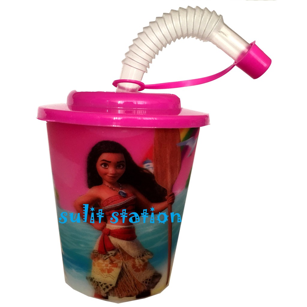 12pcs MOANA HOLOGRAM PARTY REUSABLE PLASTIC TUMBLER CUP with STRAW