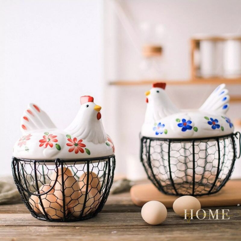 Ceramic Egg Stand Chicken Egg Basket Collection Ceramic Chicken Decoration Kitchen Storage 