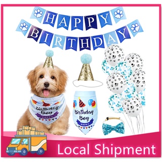 Puppy cat happy birthday banner hat bow tie cake topper dog paw print balloon pet birthdaydecoration