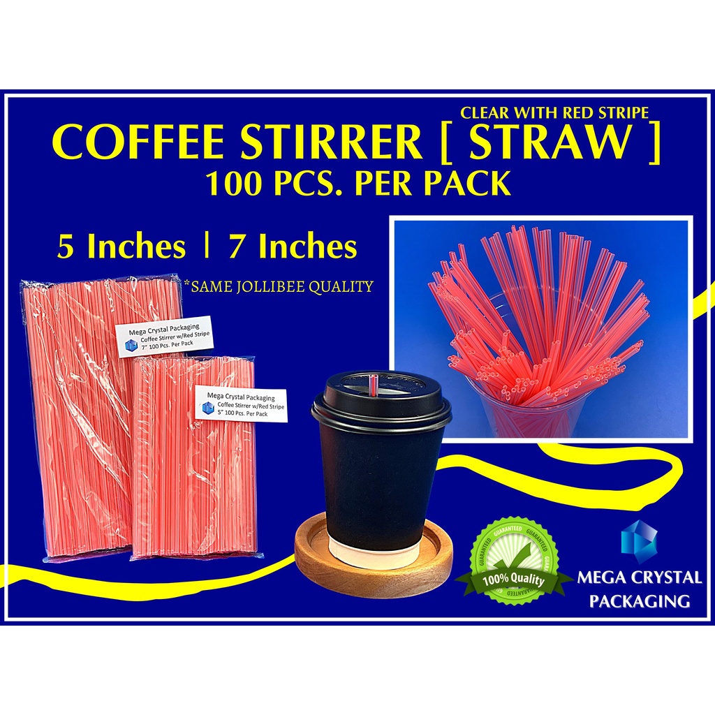 [ 100 Pcs. ] Coffee Stirrer Straw Clear with Red Stripe 5 Inches / 7
