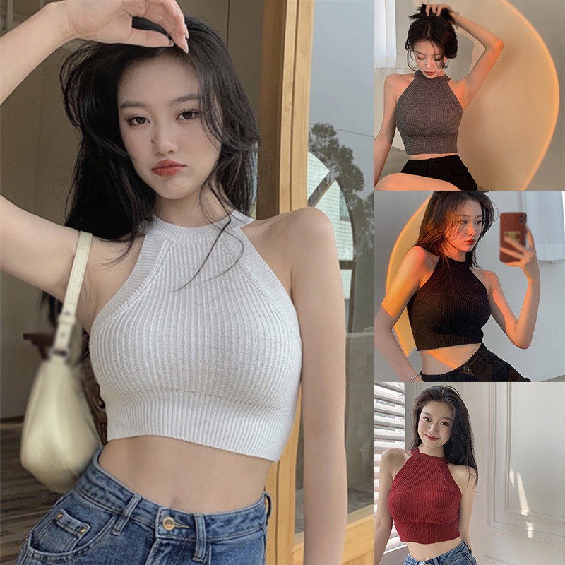 Women S Knitted Cropped Vest Korean Version Versatile Solid Color Sexy Crop Camisole Shopee
