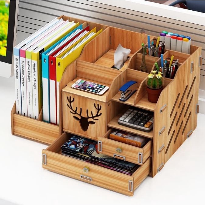 Office Multifunction DIY Wooden Desk Organizer Pen Box Stationary ...