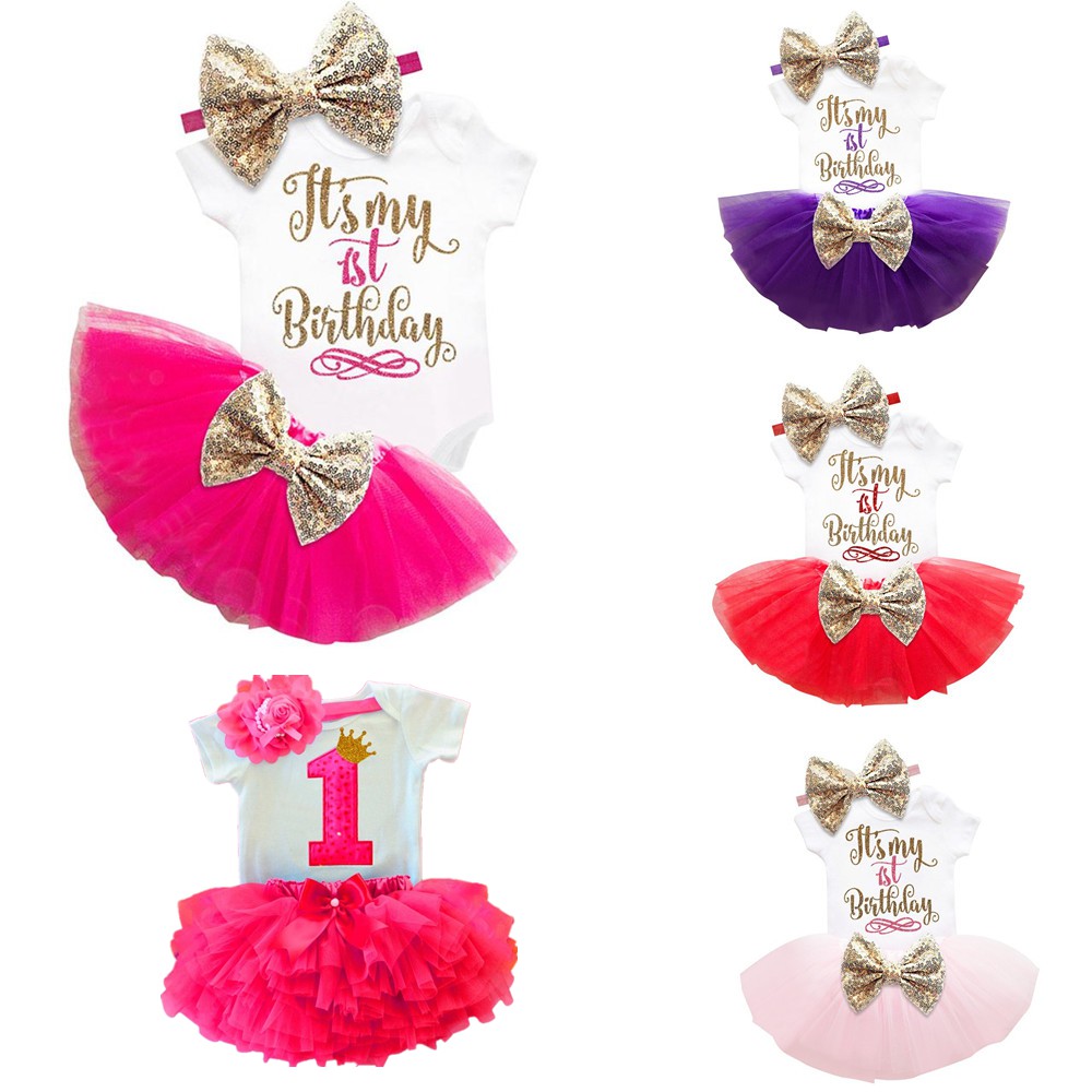 My Little Baby Girl First 1st Birthday Party Dress Cute Pink Tutu Flower Outfits Infant Dresses