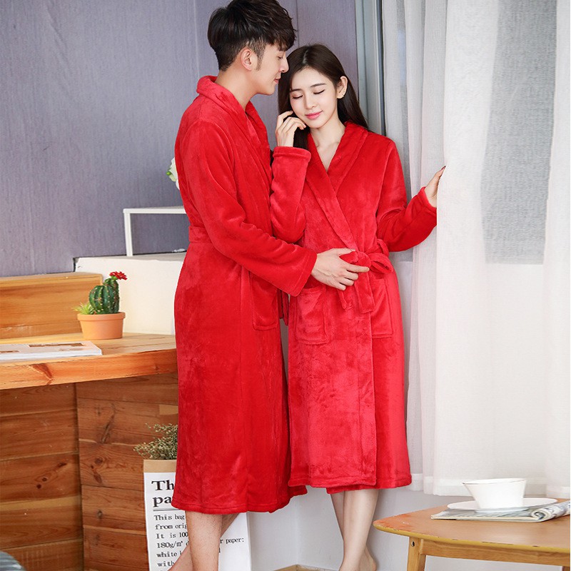 Happy Chinese Red Flannel Nightgown Bathrobes Men Women Wedding