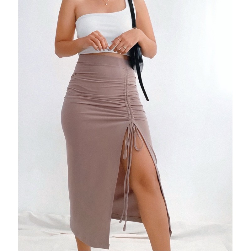 PIERRE Ruched Midi Skirt with Slit | Shopee Philippines