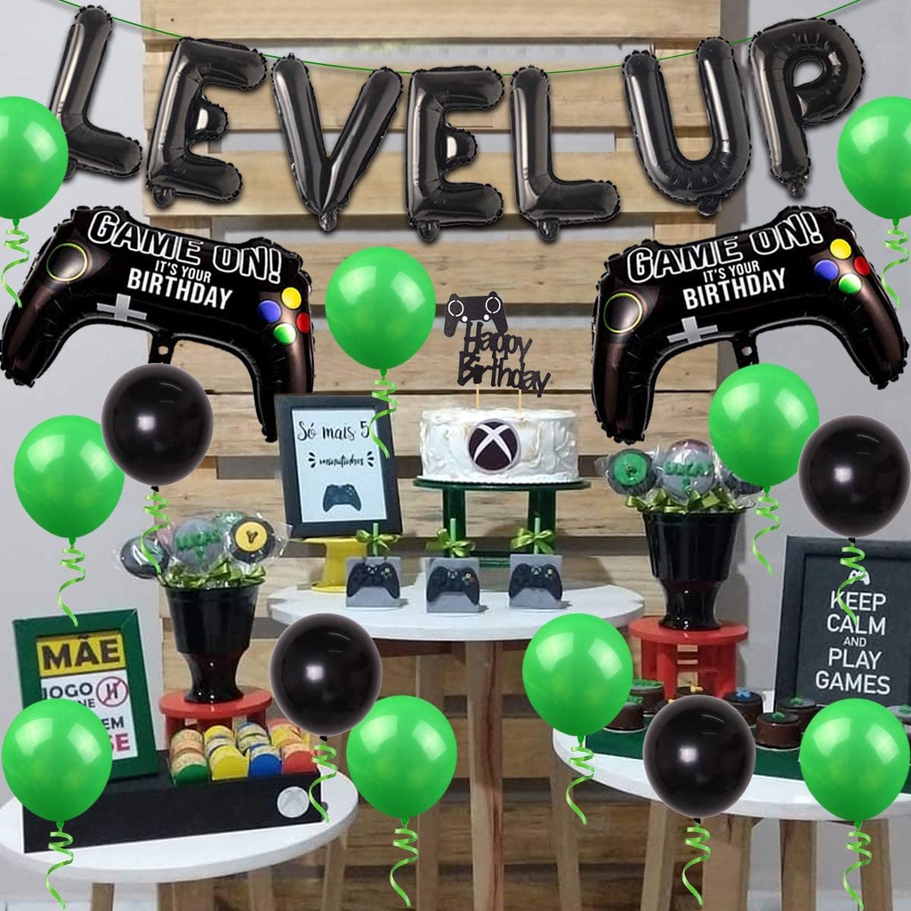 CHEEREVEAL Video Game Themed 9th Birthday Party Decoration for Boys Nine Years Old Birthday Supplies with Green Black Balloons Set Game Controller Level Up Foil Balloons Banner