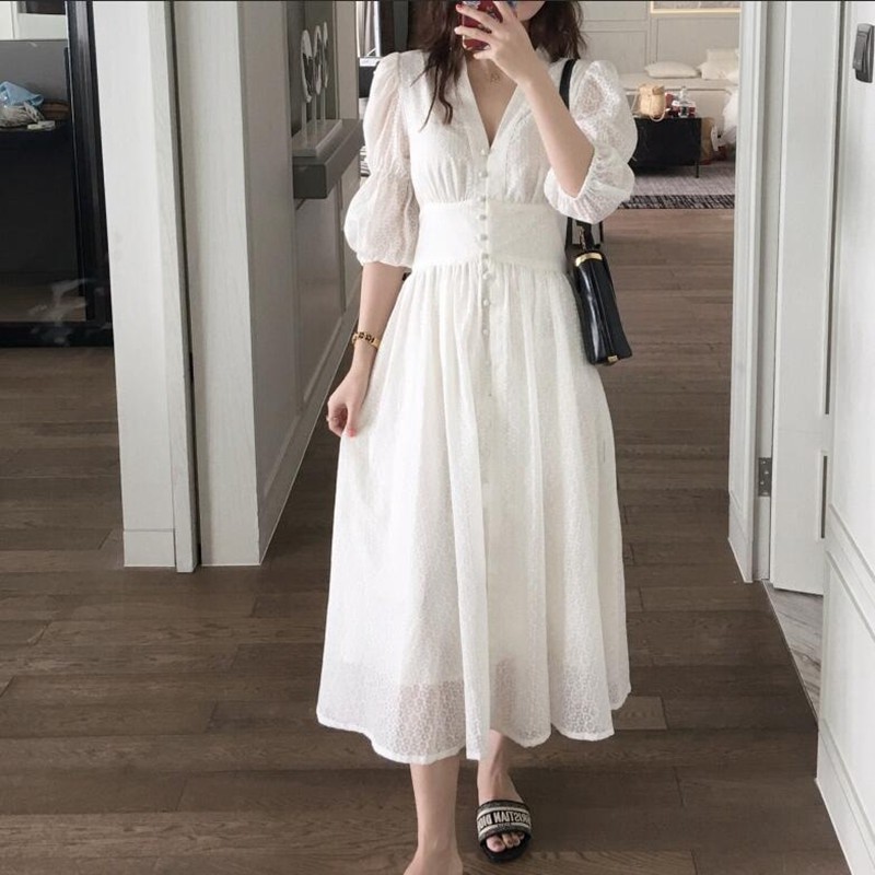 Vintage White Dress V-neck Puff Sleeve ...